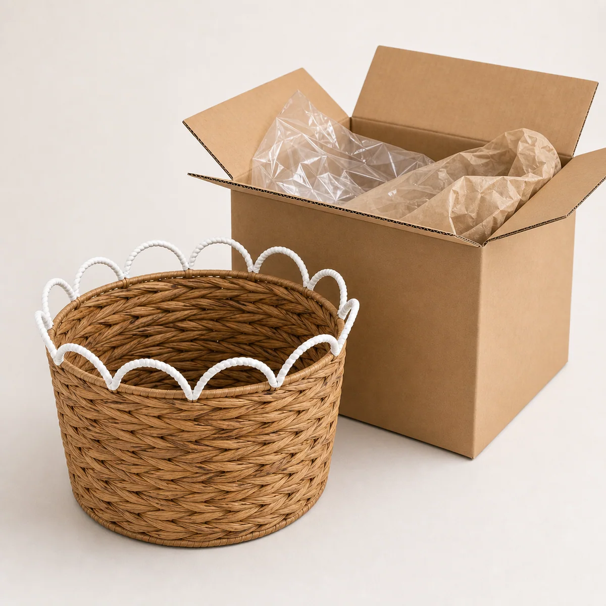 Natural Honey Brown Water Hyacinth Round Storage Basket with White Wavy Rail Handles