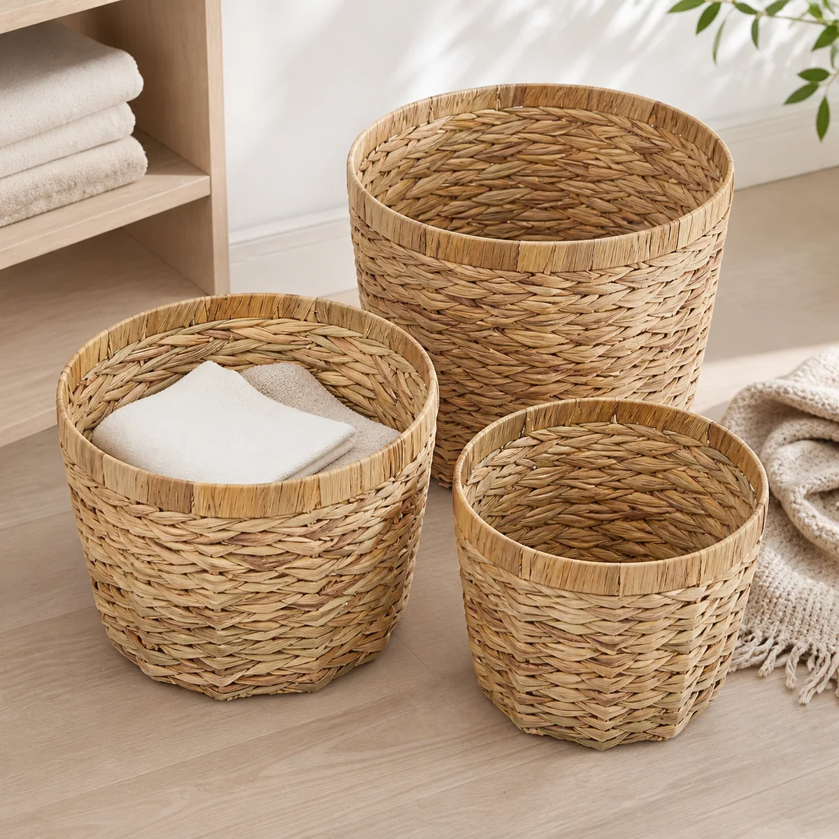 Natural Light Yellow Brown Water Hyacinth Round 3-Piece Nested Tall Storage Basket Set