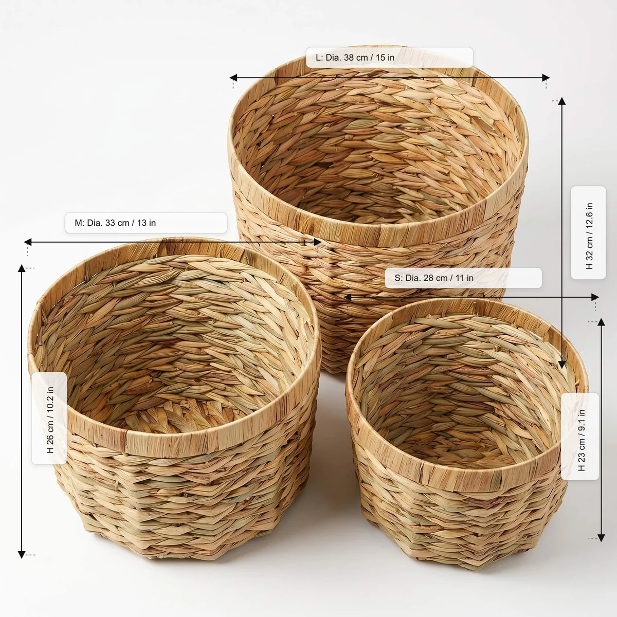Natural Light Yellow Brown Water Hyacinth Round 3-Piece Nested Tall Storage Basket Set