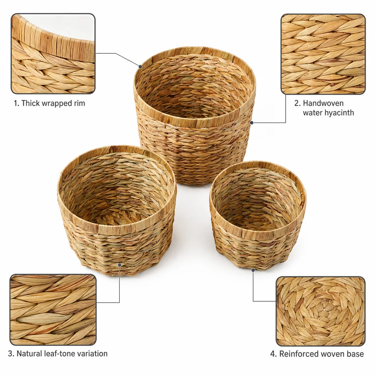 Natural Light Yellow Brown Water Hyacinth Round 3-Piece Nested Tall Storage Basket Set