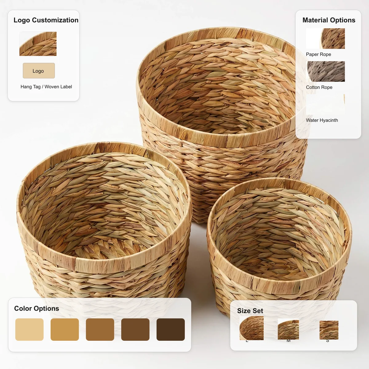 Natural Light Yellow Brown Water Hyacinth Round 3-Piece Nested Tall Storage Basket Set