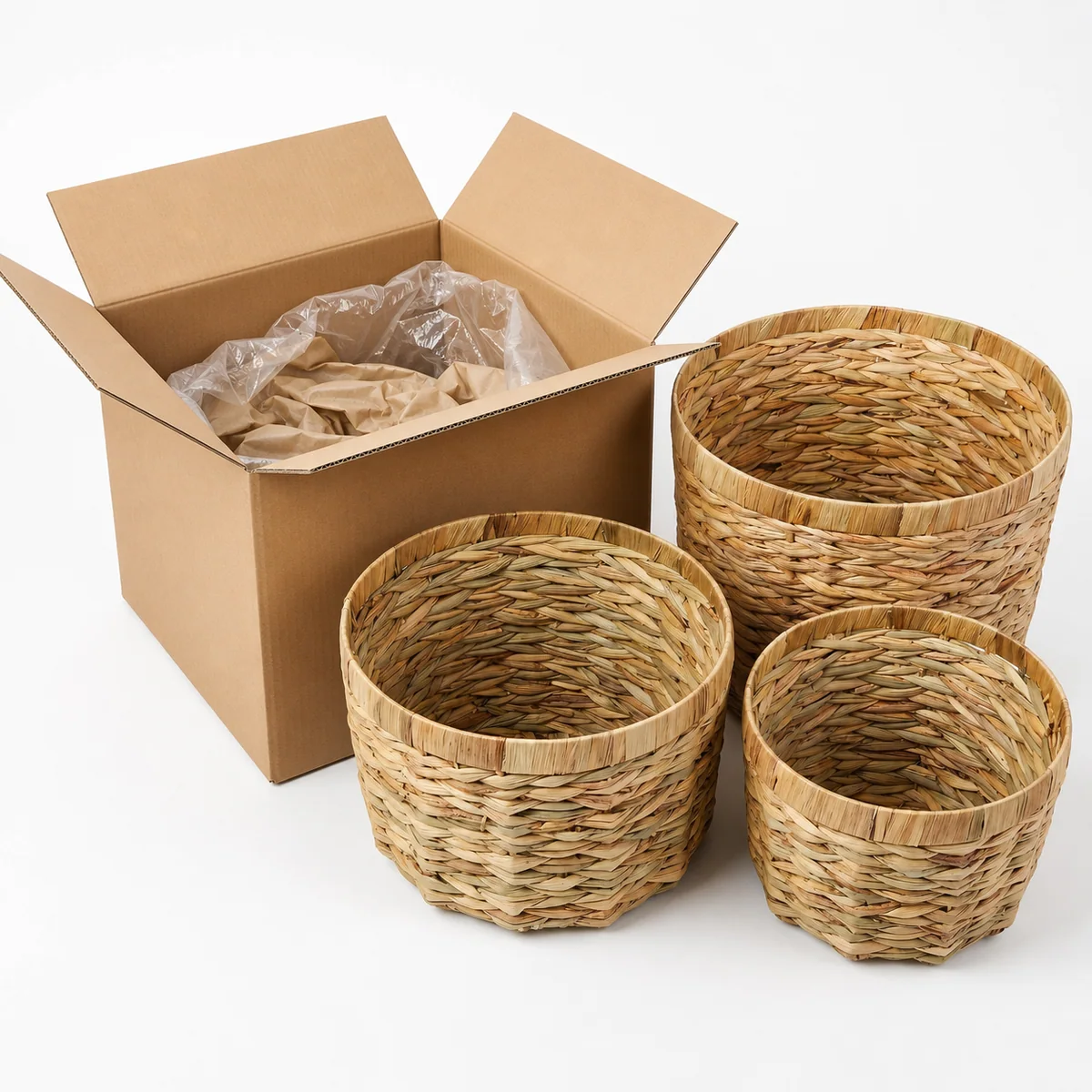 Natural Light Yellow Brown Water Hyacinth Round 3-Piece Nested Tall Storage Basket Set