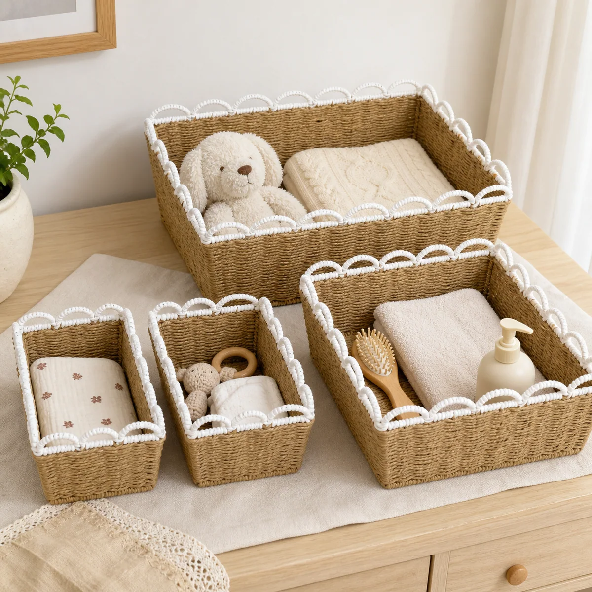 Natural Honey Brown Paper Rope Rectangular 4-Piece Nested Basket Set with White Wavy Rail Rims