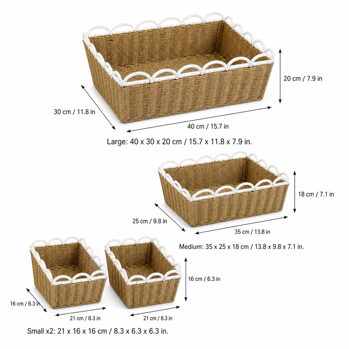 Natural Honey Brown Paper Rope Rectangular 4-Piece Nested Basket Set with White Wavy Rail Rims