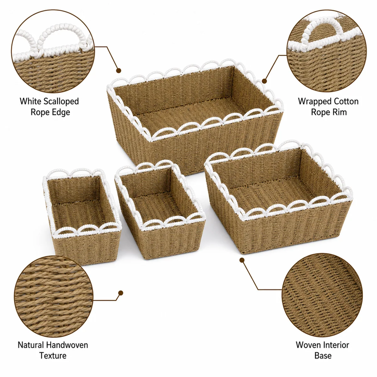 Natural Honey Brown Paper Rope Rectangular 4-Piece Nested Basket Set with White Wavy Rail Rims