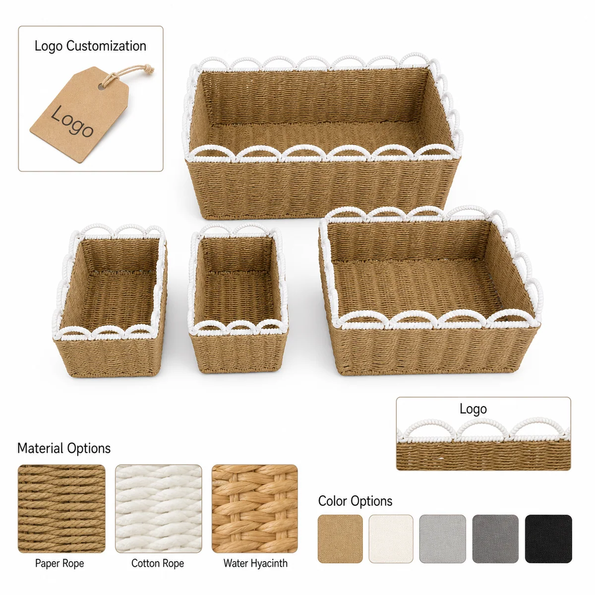 Natural Honey Brown Paper Rope Rectangular 4-Piece Nested Basket Set with White Wavy Rail Rims