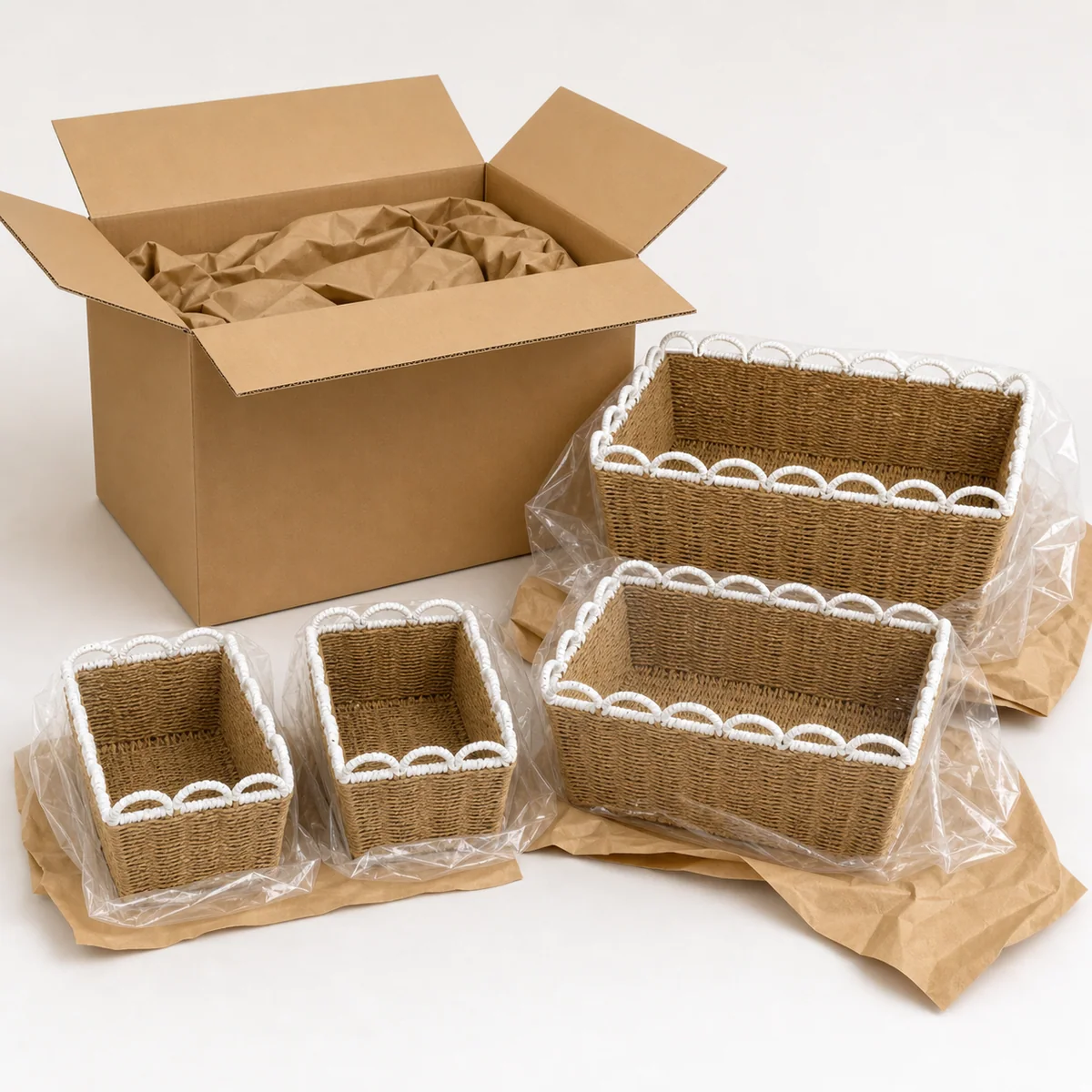 Natural Honey Brown Paper Rope Rectangular 4-Piece Nested Basket Set with White Wavy Rail Rims
