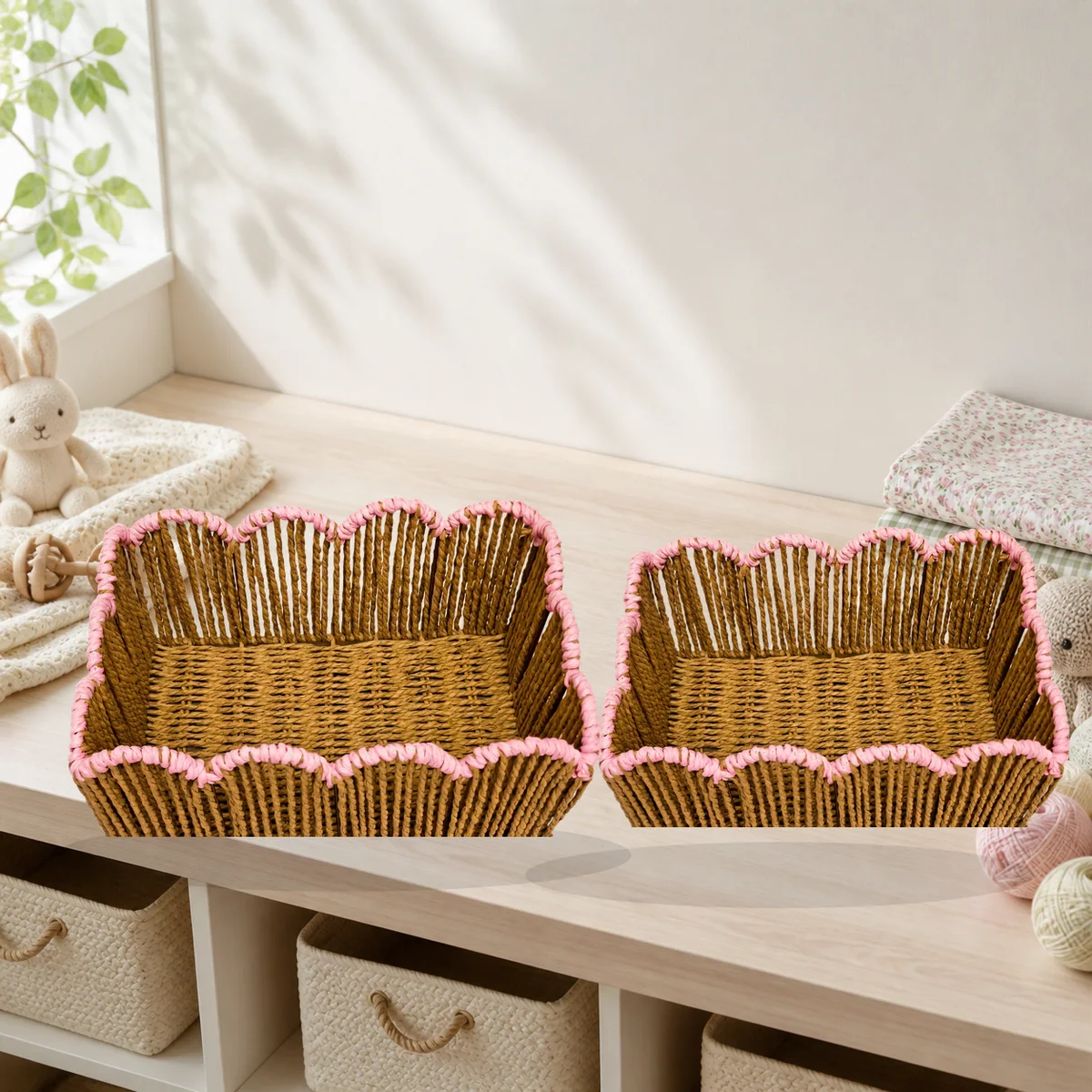 Natural Brown Paper Rope Rectangular 2-Piece Nested Basket Set with Pink Wavy Rail Rims