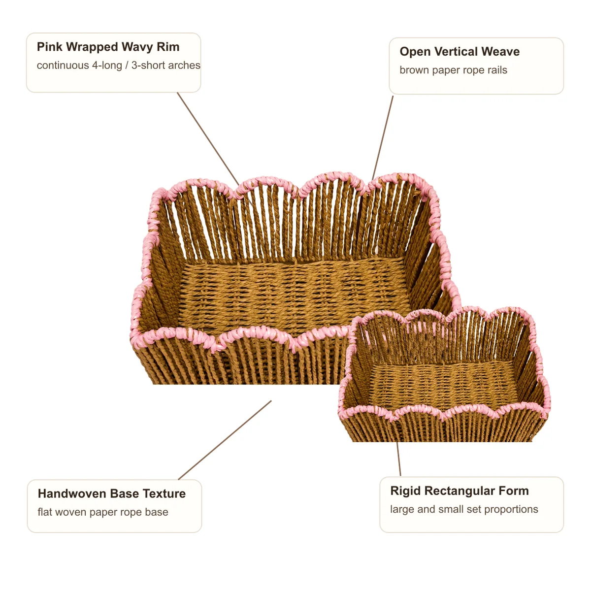 Natural Brown Paper Rope Rectangular 2-Piece Nested Basket Set with Pink Wavy Rail Rims
