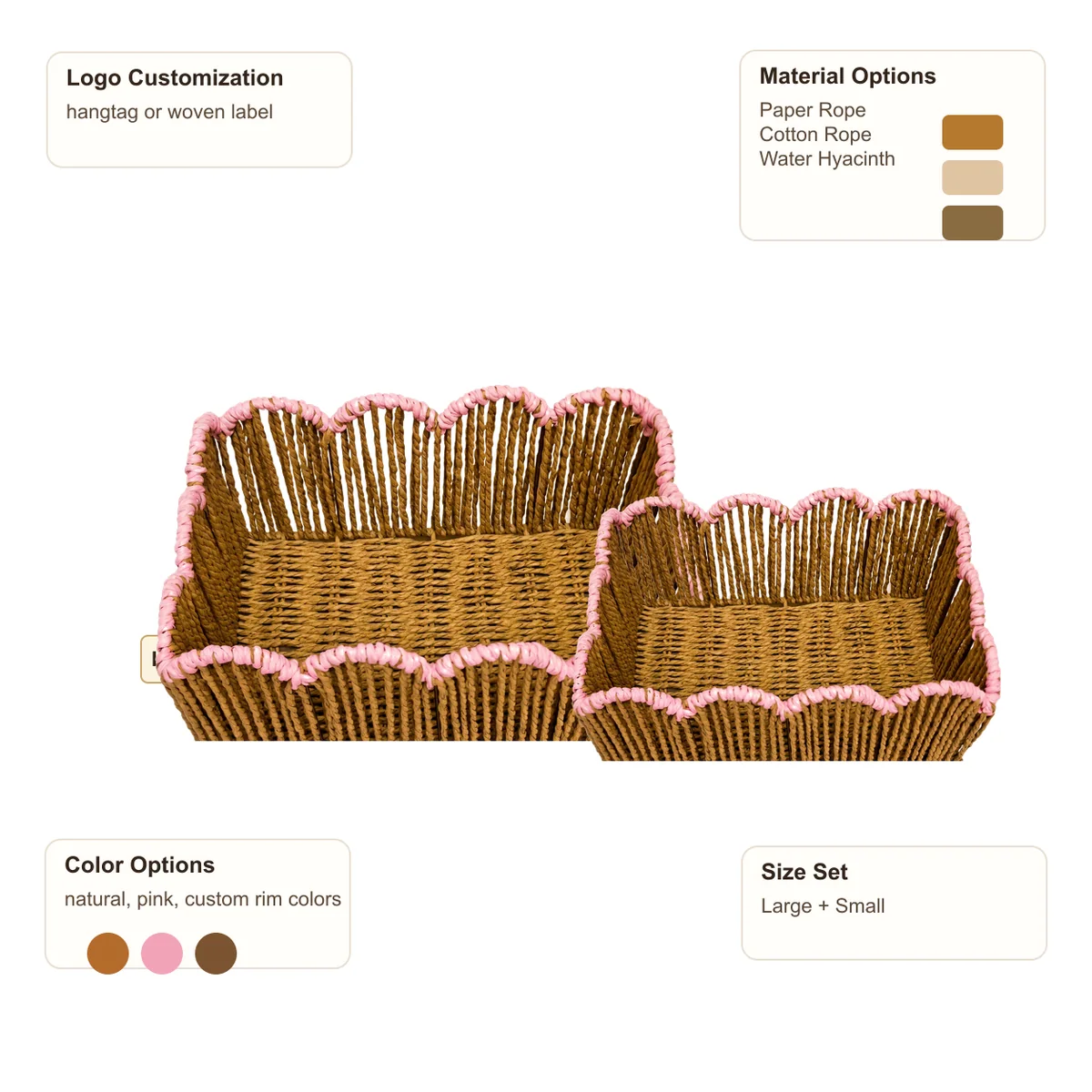 Natural Brown Paper Rope Rectangular 2-Piece Nested Basket Set with Pink Wavy Rail Rims