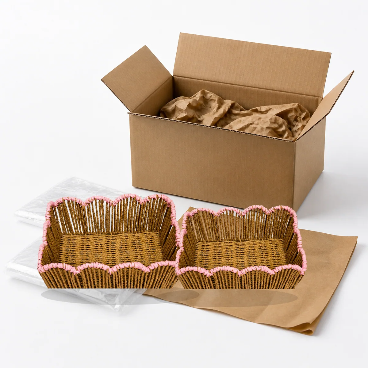 Natural Brown Paper Rope Rectangular 2-Piece Nested Basket Set with Pink Wavy Rail Rims
