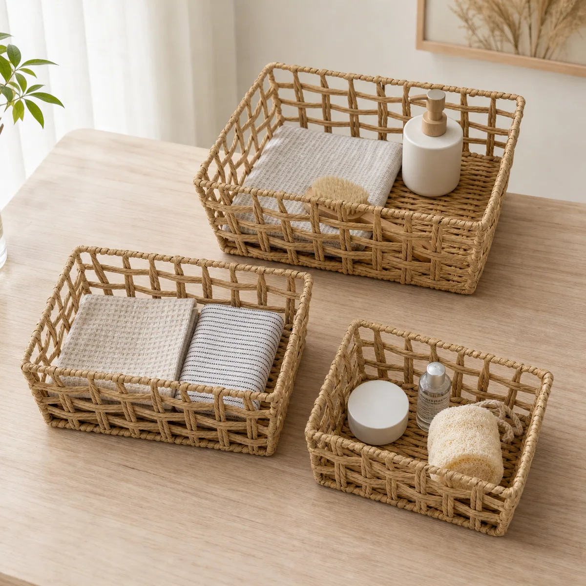 Natural Tan Paper Rope Rectangular 3-Piece Nested Shallow Basket Set with Open Rail Sides