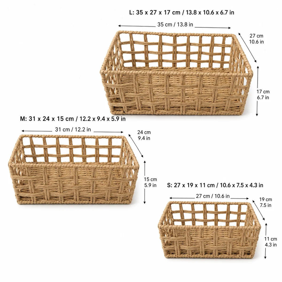 Natural Tan Paper Rope Rectangular 3-Piece Nested Shallow Basket Set with Open Rail Sides
