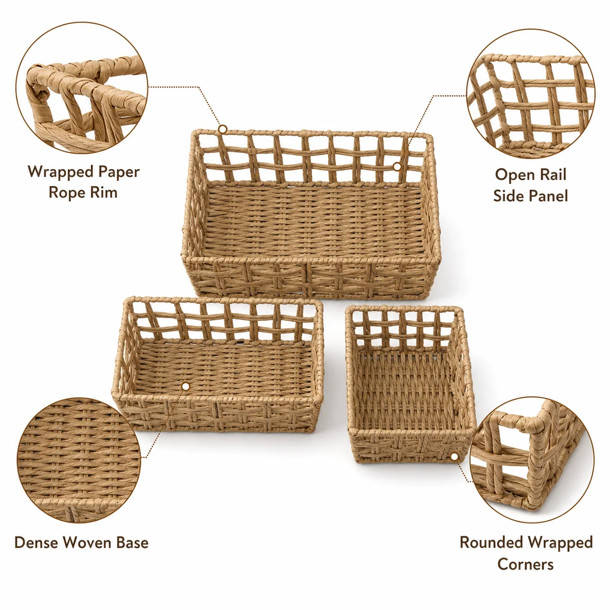 Natural Tan Paper Rope Rectangular 3-Piece Nested Shallow Basket Set with Open Rail Sides