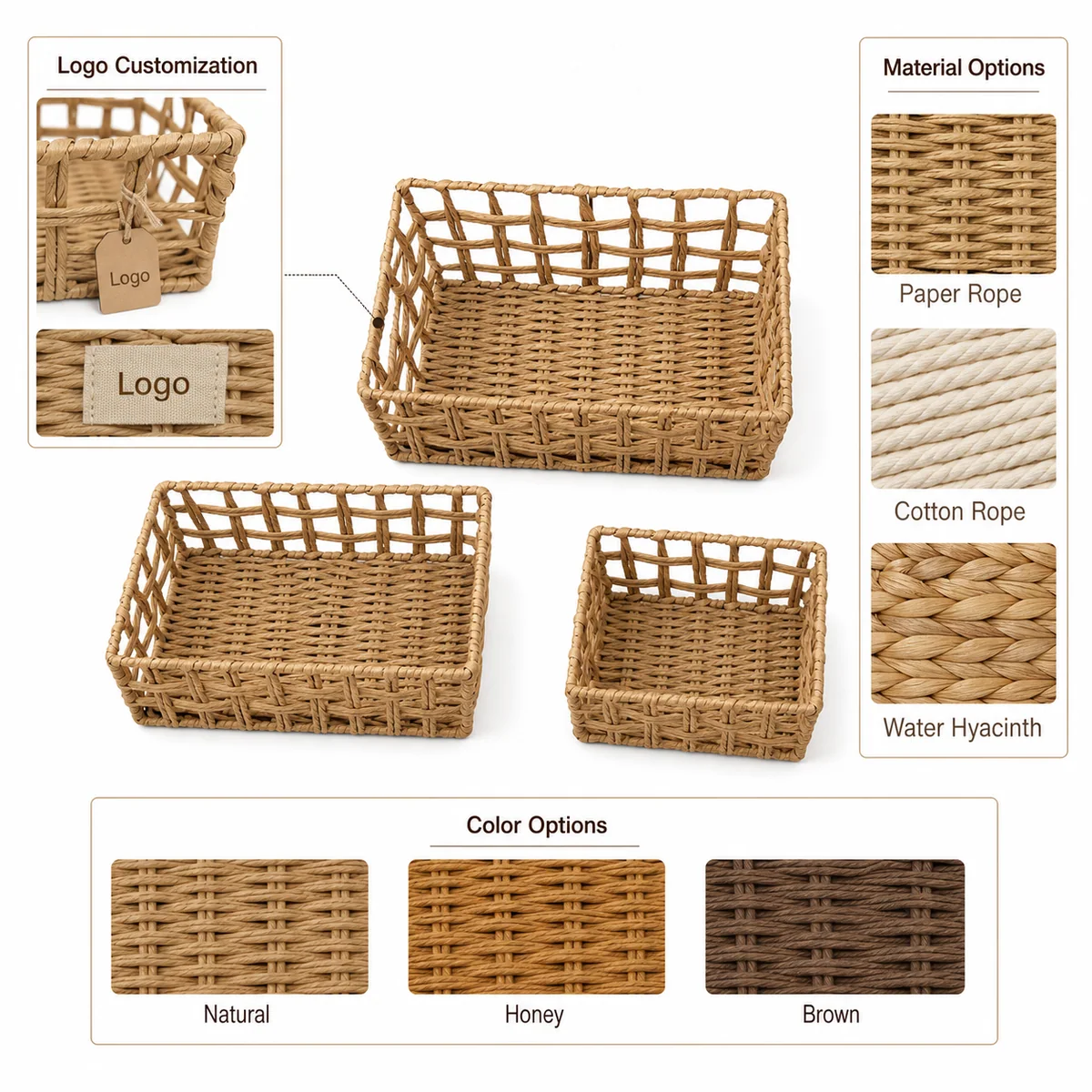 Natural Tan Paper Rope Rectangular 3-Piece Nested Shallow Basket Set with Open Rail Sides