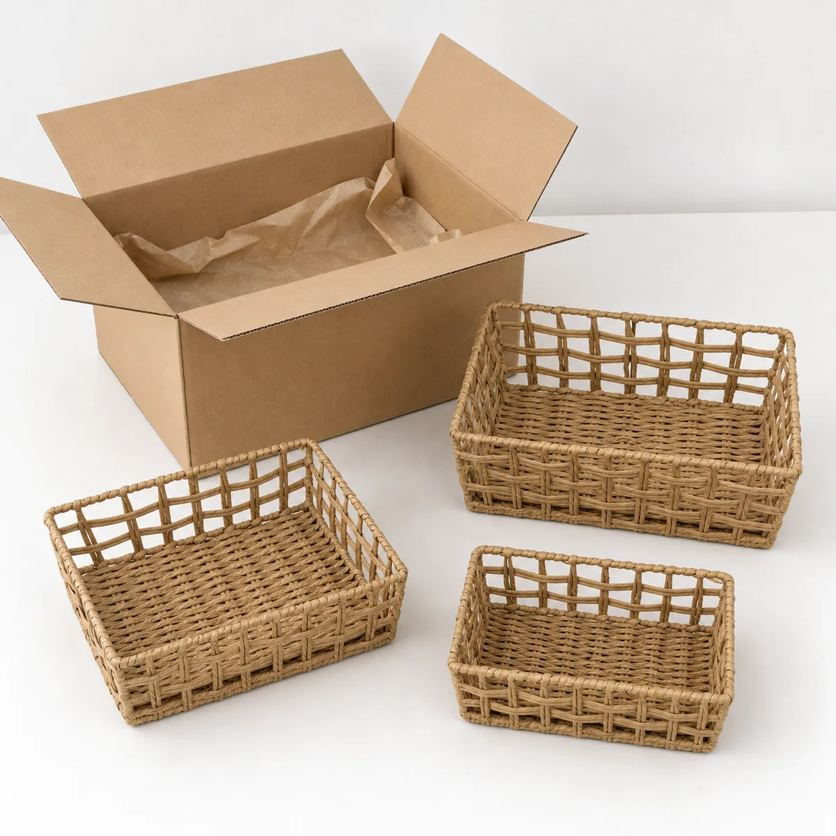 Natural Tan Paper Rope Rectangular 3-Piece Nested Shallow Basket Set with Open Rail Sides