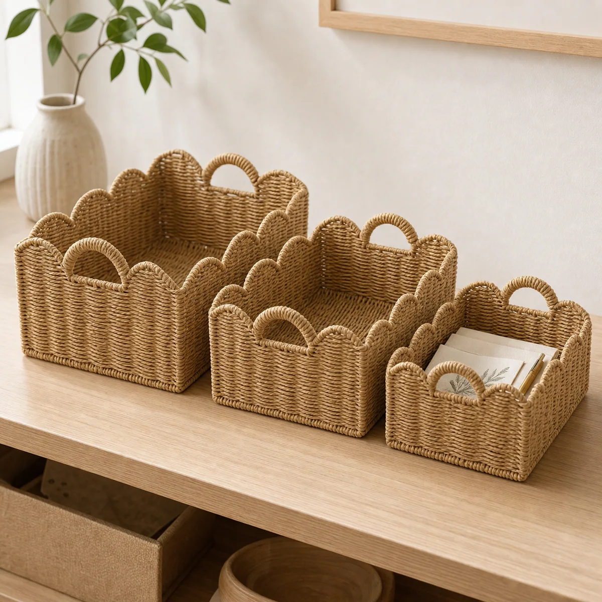 Natural Honey Tan Paper Rope Rectangular 3-Piece Nested Basket Set with Wavy Rail Rims