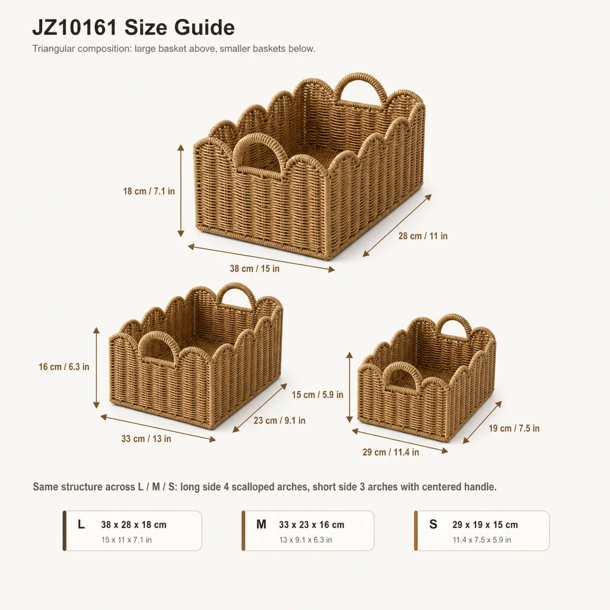 Natural Honey Tan Paper Rope Rectangular 3-Piece Nested Basket Set with Wavy Rail Rims