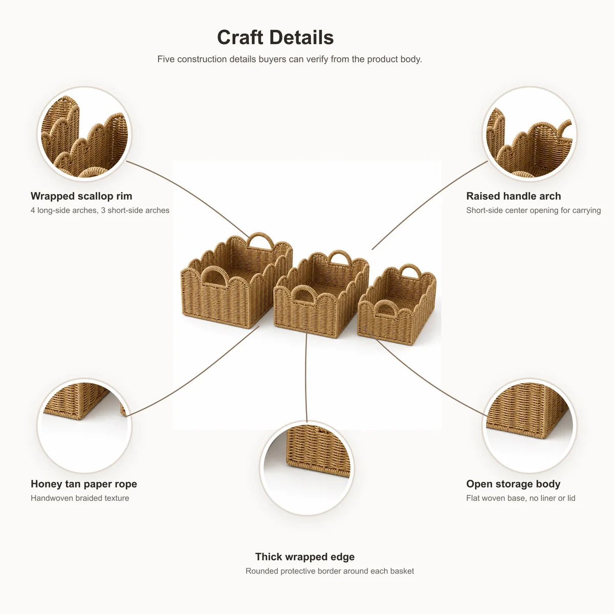 Natural Honey Tan Paper Rope Rectangular 3-Piece Nested Basket Set with Wavy Rail Rims