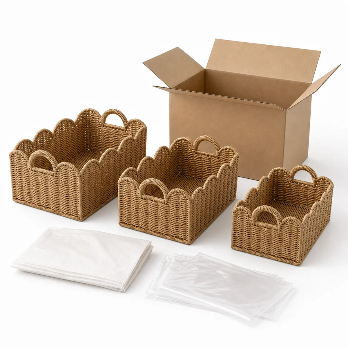 Natural Honey Tan Paper Rope Rectangular 3-Piece Nested Basket Set with Wavy Rail Rims