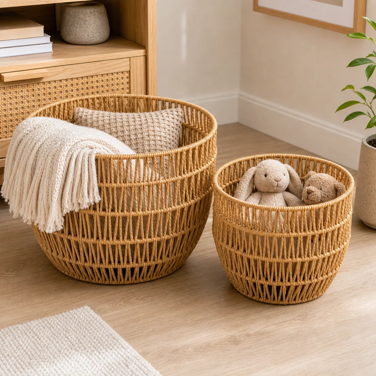 Natural Tan Paper Rope Round 2-Piece Nested Tall Basket Set with Vertical Open Weave