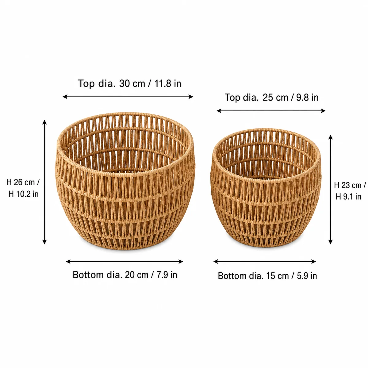 Natural Tan Paper Rope Round 2-Piece Nested Tall Basket Set with Vertical Open Weave