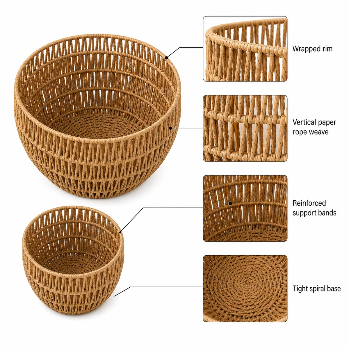 Natural Tan Paper Rope Round 2-Piece Nested Tall Basket Set with Vertical Open Weave