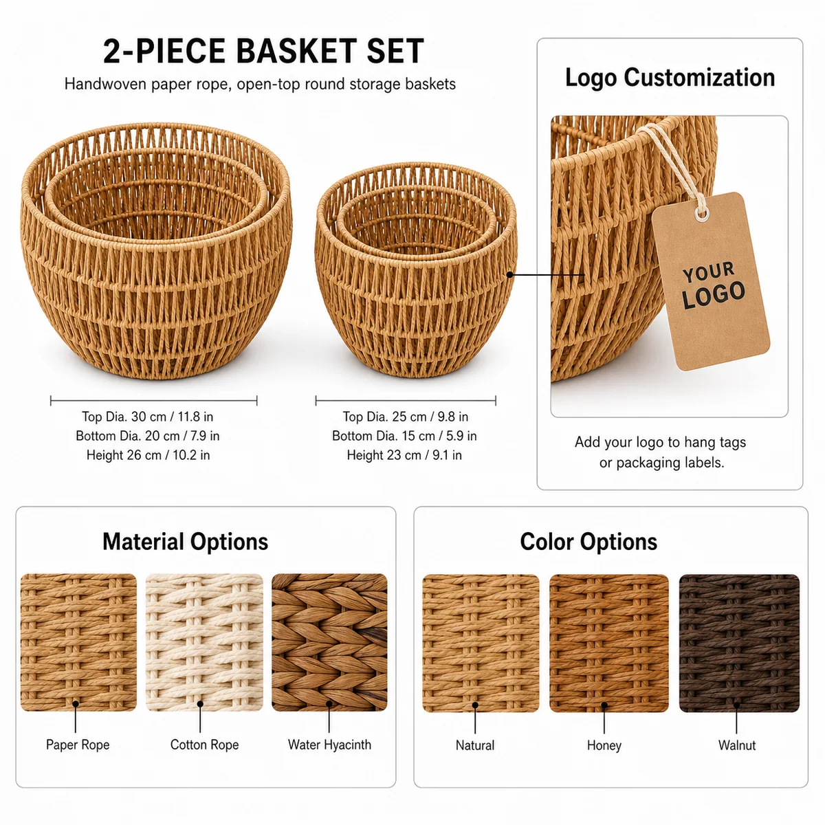 Natural Tan Paper Rope Round 2-Piece Nested Tall Basket Set with Vertical Open Weave
