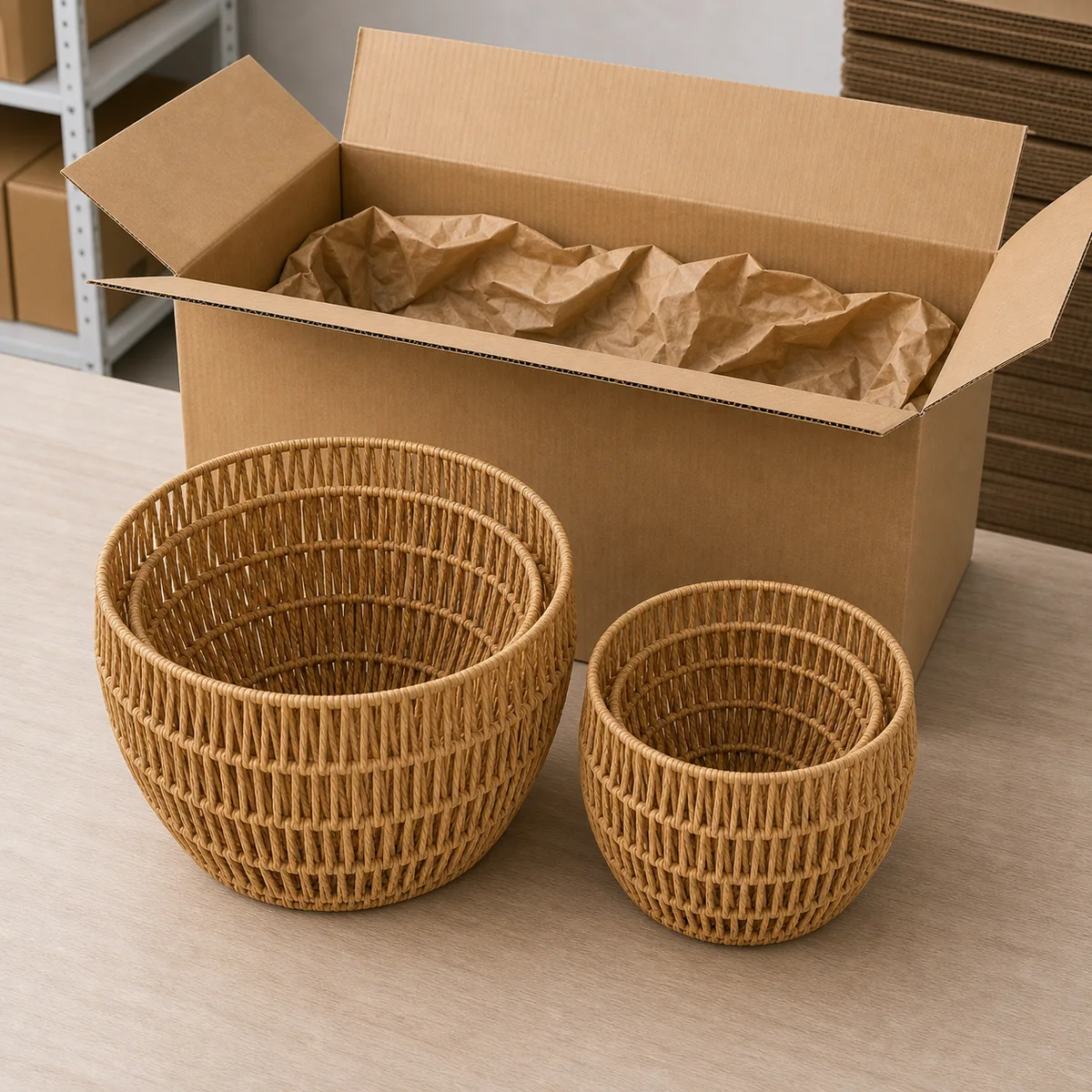 Natural Tan Paper Rope Round 2-Piece Nested Tall Basket Set with Vertical Open Weave