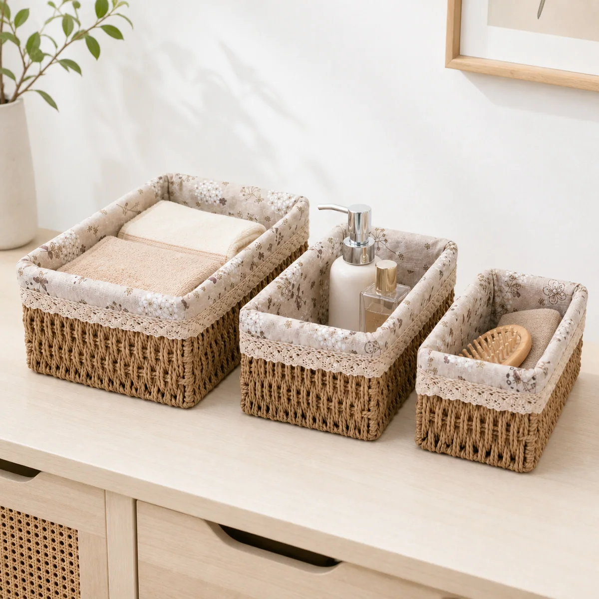 Fabric-Lined Rectangular 3-Piece Nested Woven Basket Set with Lace Trim