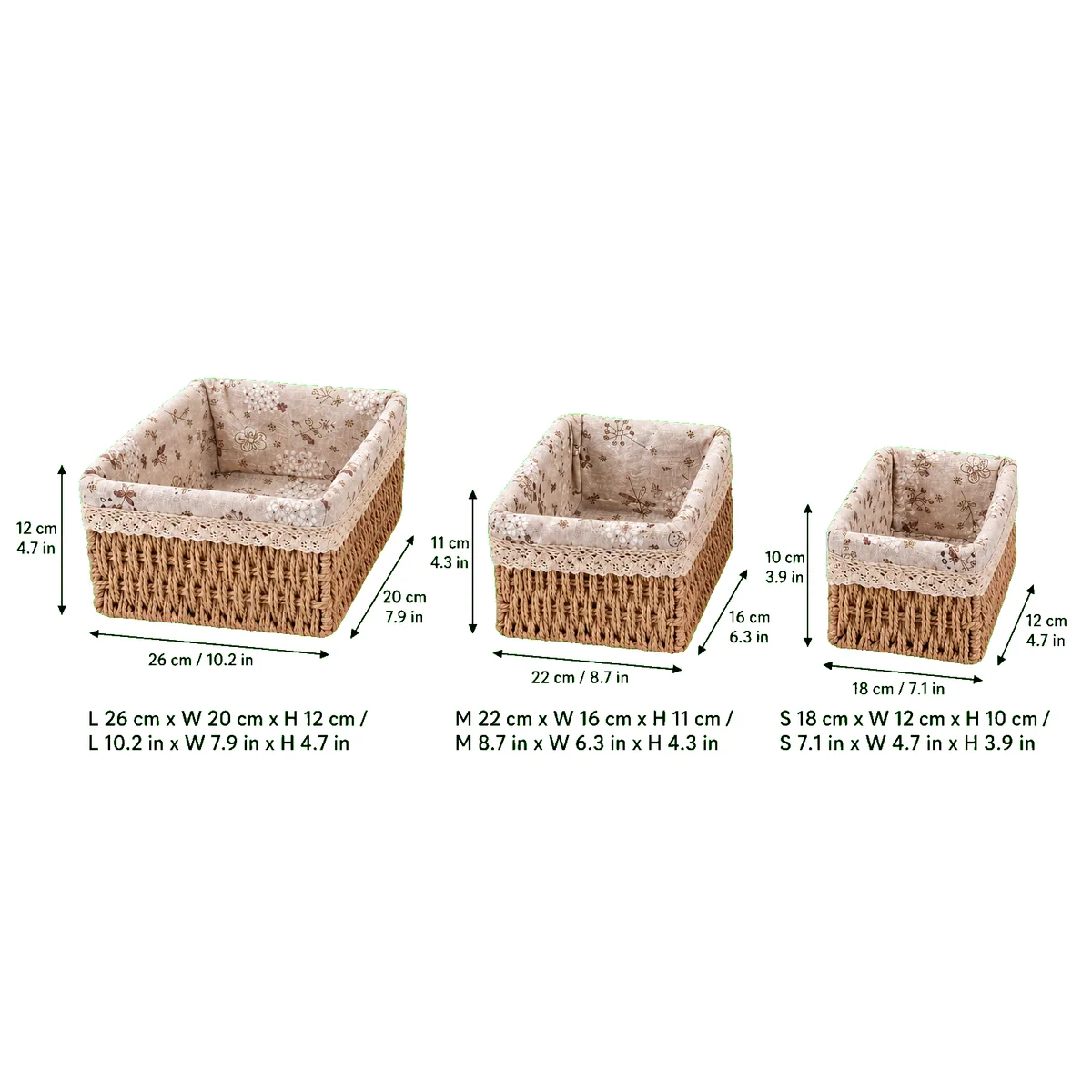 Fabric-Lined Rectangular 3-Piece Nested Woven Basket Set with Lace Trim