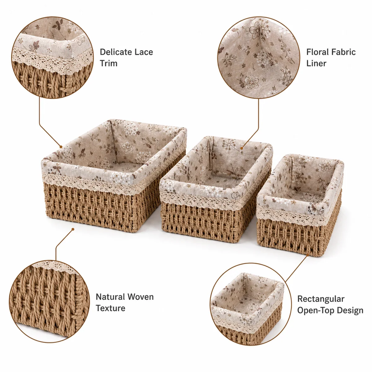 Fabric-Lined Rectangular 3-Piece Nested Woven Basket Set with Lace Trim