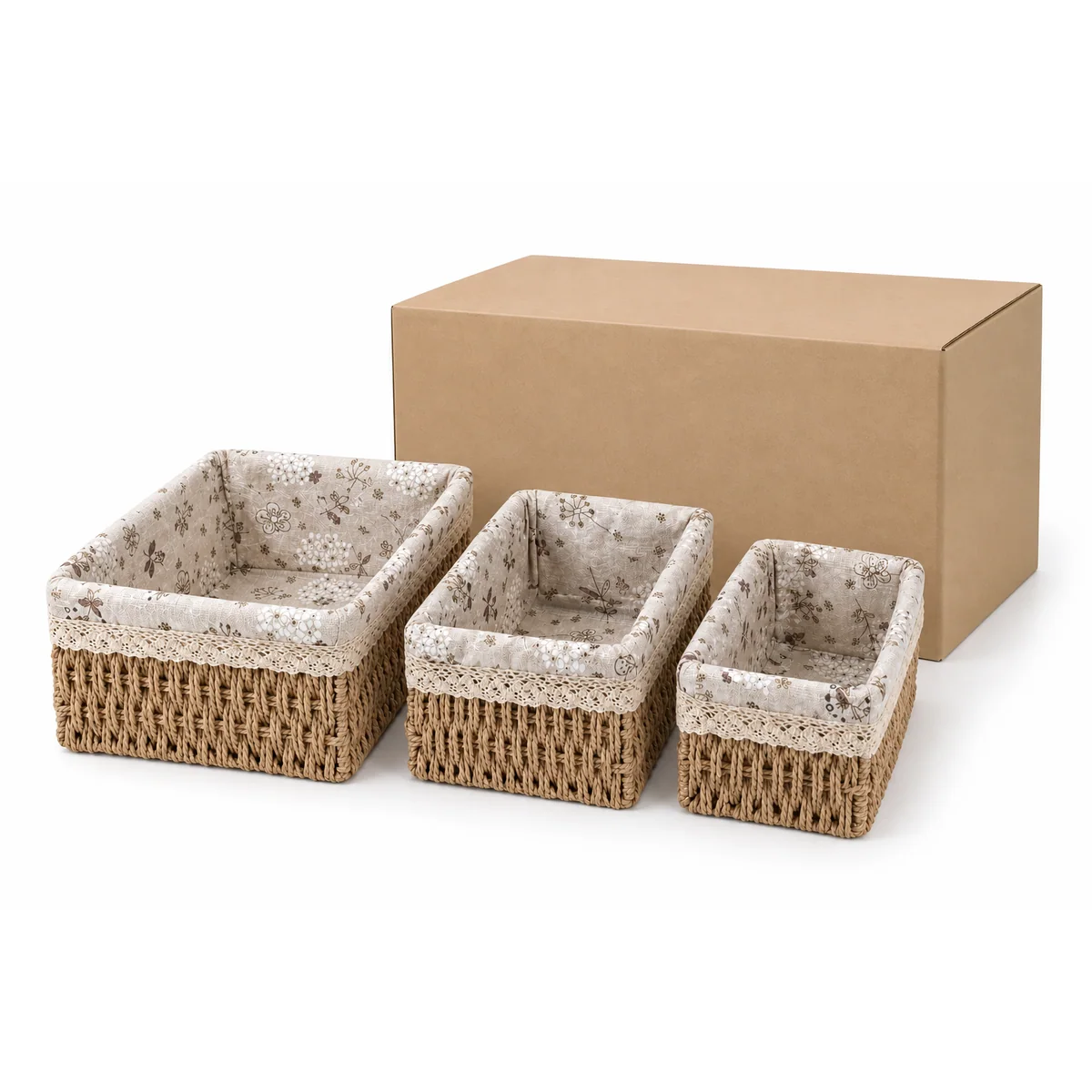 Fabric-Lined Rectangular 3-Piece Nested Woven Basket Set with Lace Trim