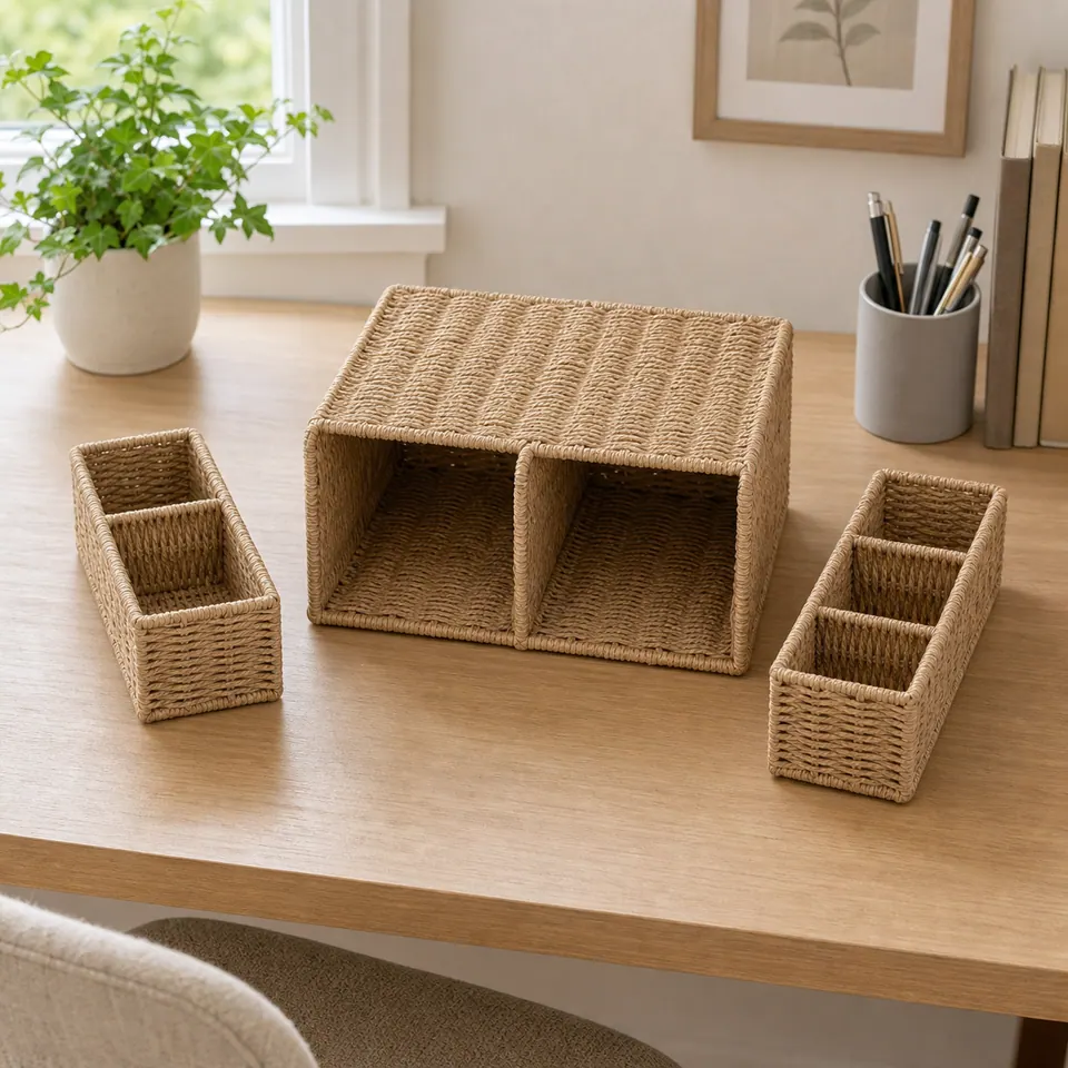 Natural Tan Paper Rope 3-Piece Desktop Organizer Set with Open Cubbies - paper rope - JZ10169 - wholesale woven storage product
