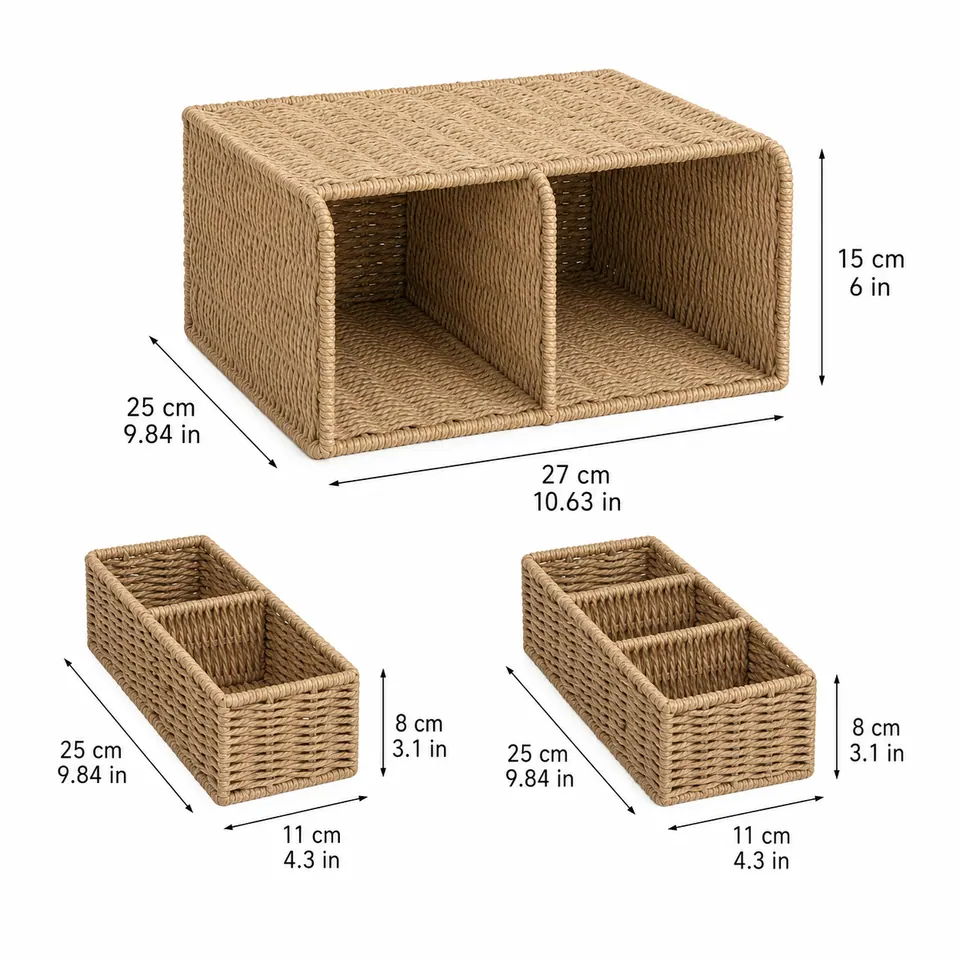 Natural Tan Paper Rope 3-Piece Desktop Organizer Set with Open Cubbies product gallery image