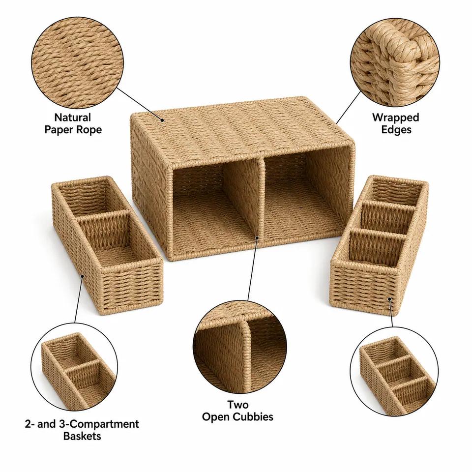 Natural Tan Paper Rope 3-Piece Desktop Organizer Set with Open Cubbies product gallery image