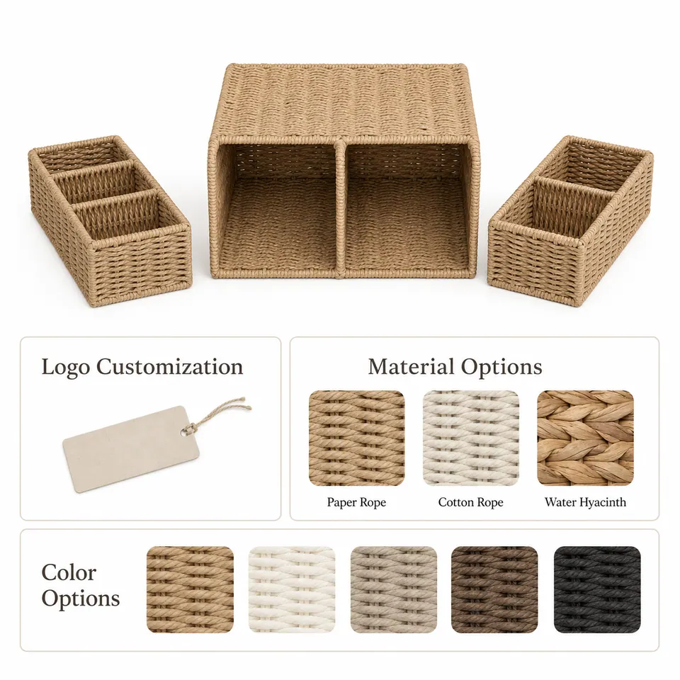 Natural Tan Paper Rope 3-Piece Desktop Organizer Set with Open Cubbies product gallery image