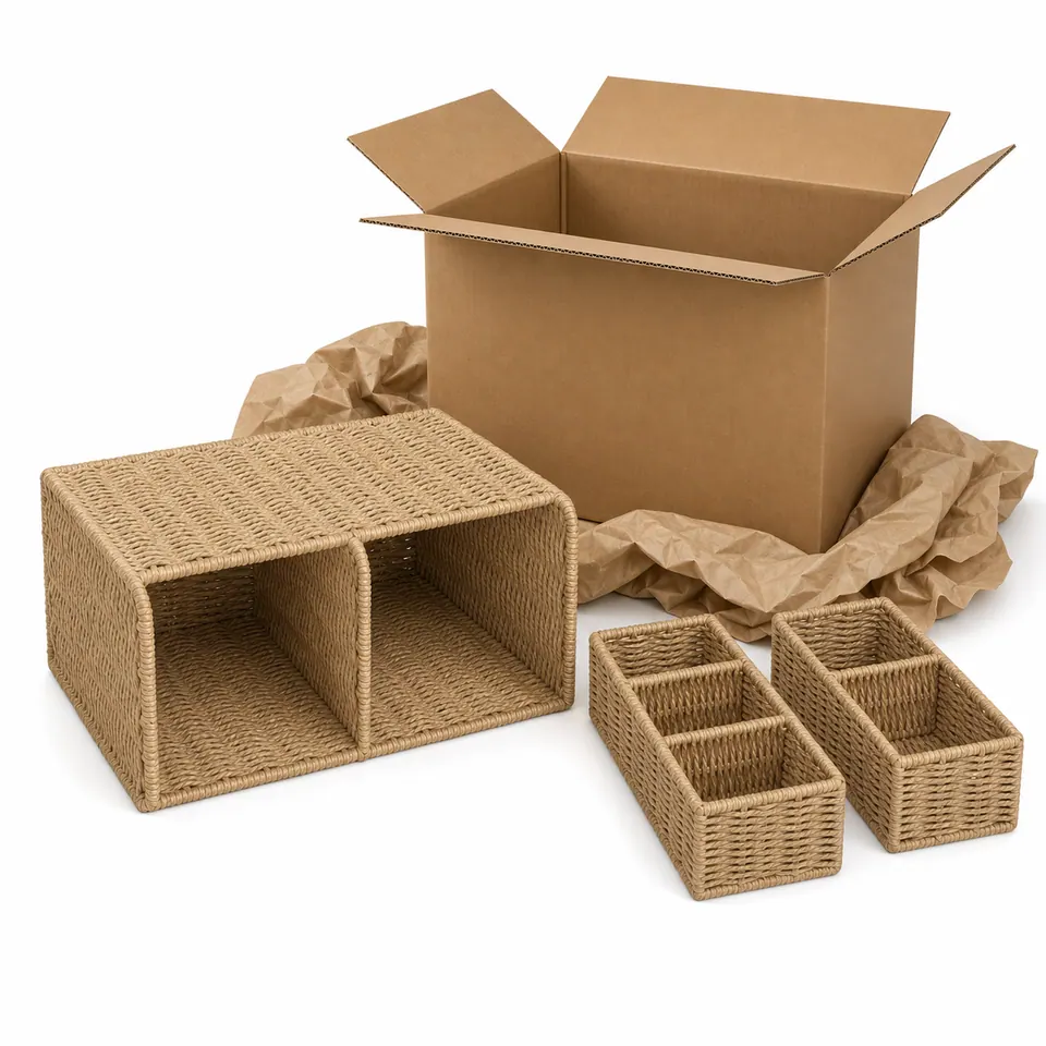 Natural Tan Paper Rope 3-Piece Desktop Organizer Set with Open Cubbies product gallery image