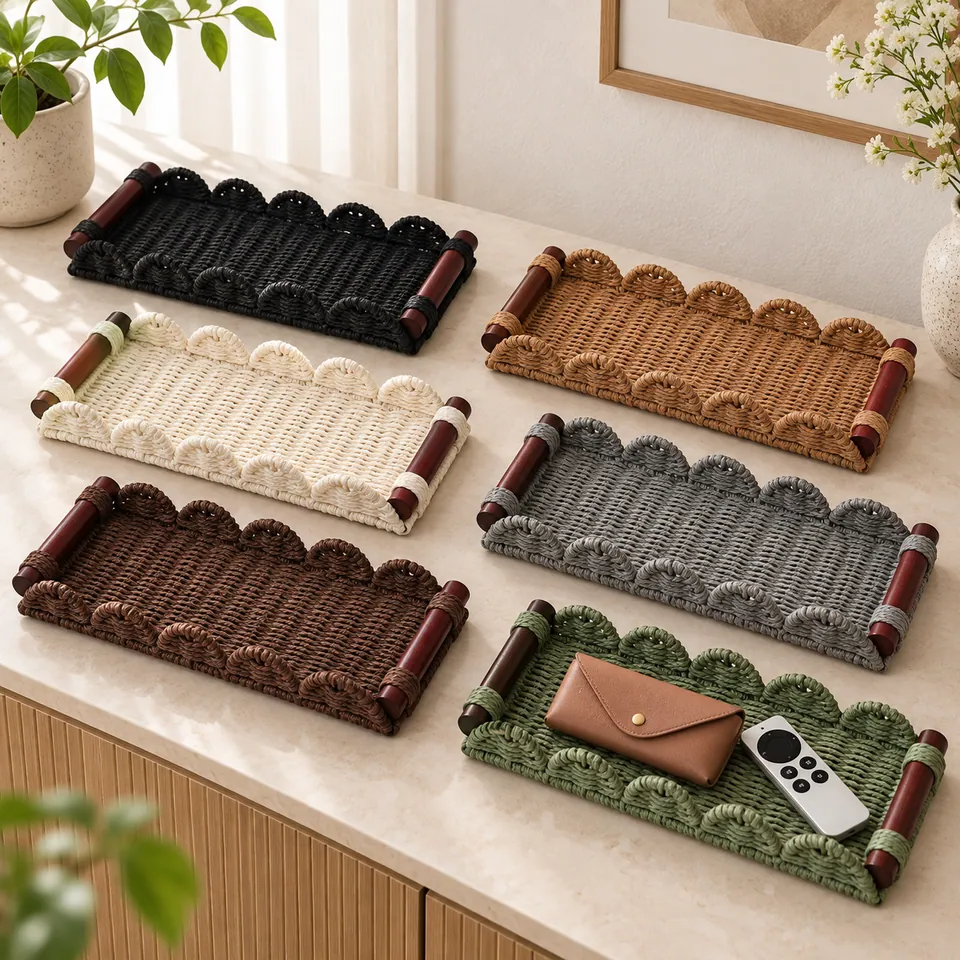 JZ10185 Scalloped Paper Rope Tray Collection - Paper Rope - JZ10185 - wholesale woven storage product