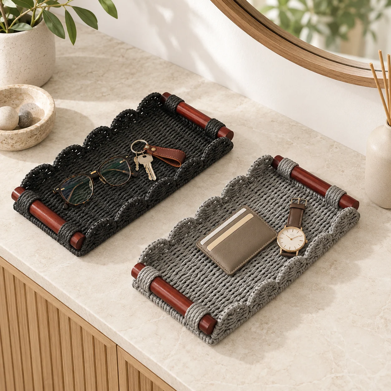 Black and Gray scalloped trays organizing entryway essentials