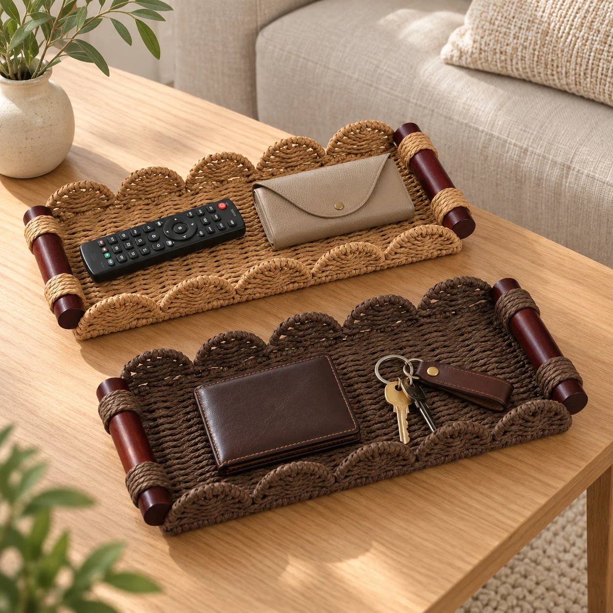 Warm Brown and Dark Brown trays styled on a living-room table