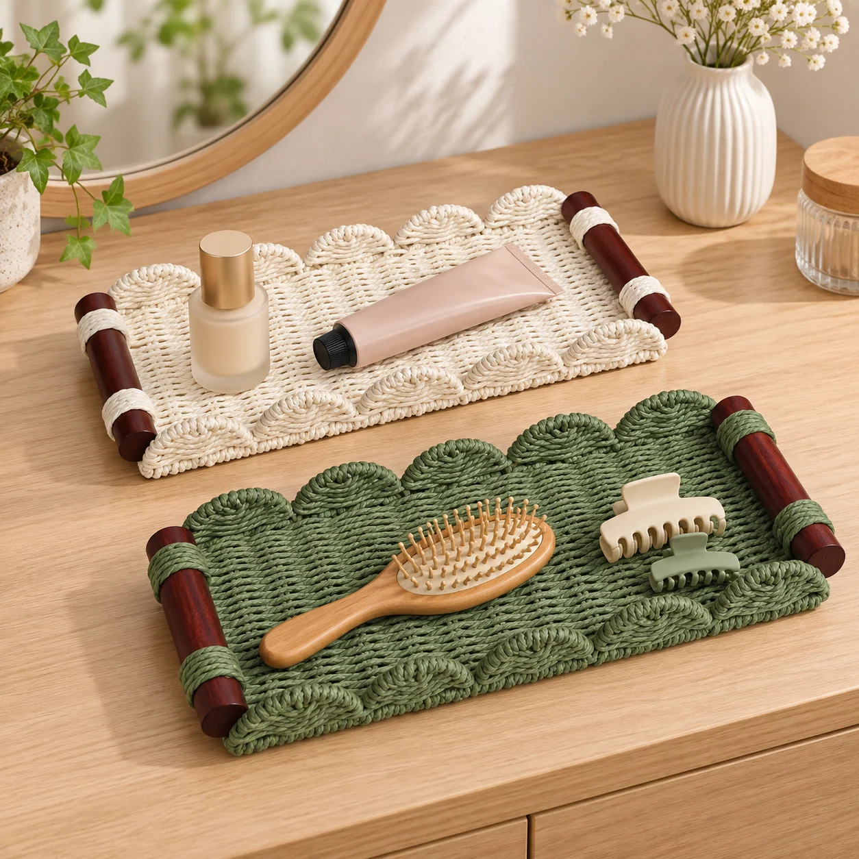 Ivory and Green paper rope trays on a dry vanity surface