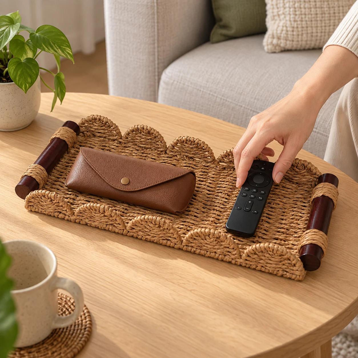 Warm Brown tray organizing a remote and eyeglass case