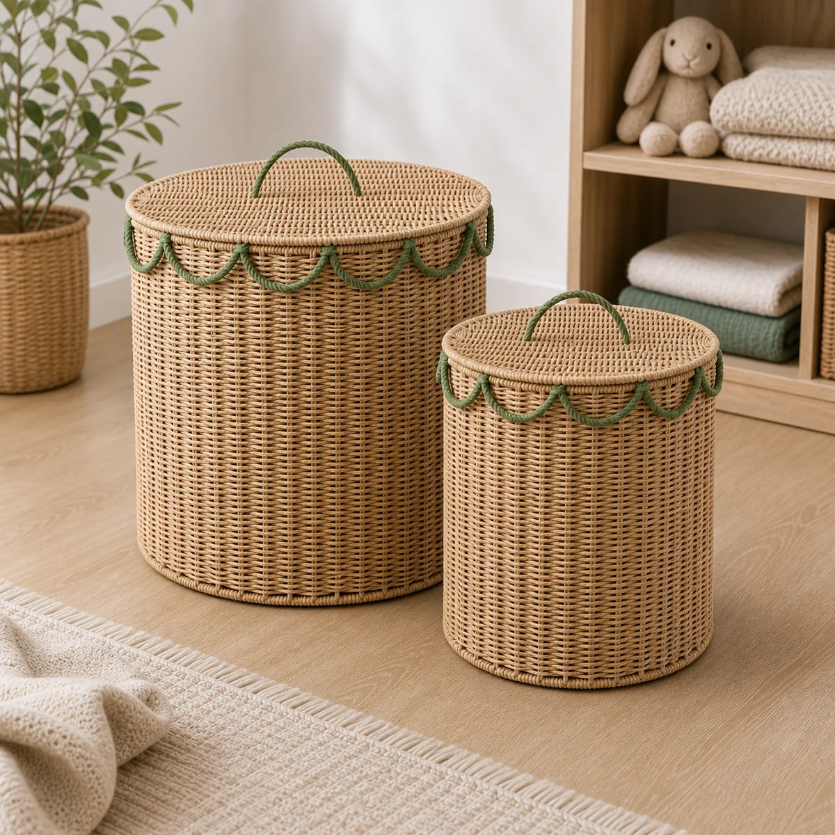 Natural Tan and Sage Green Paper Rope Round 2-Piece Lidded Laundry Hamper Set