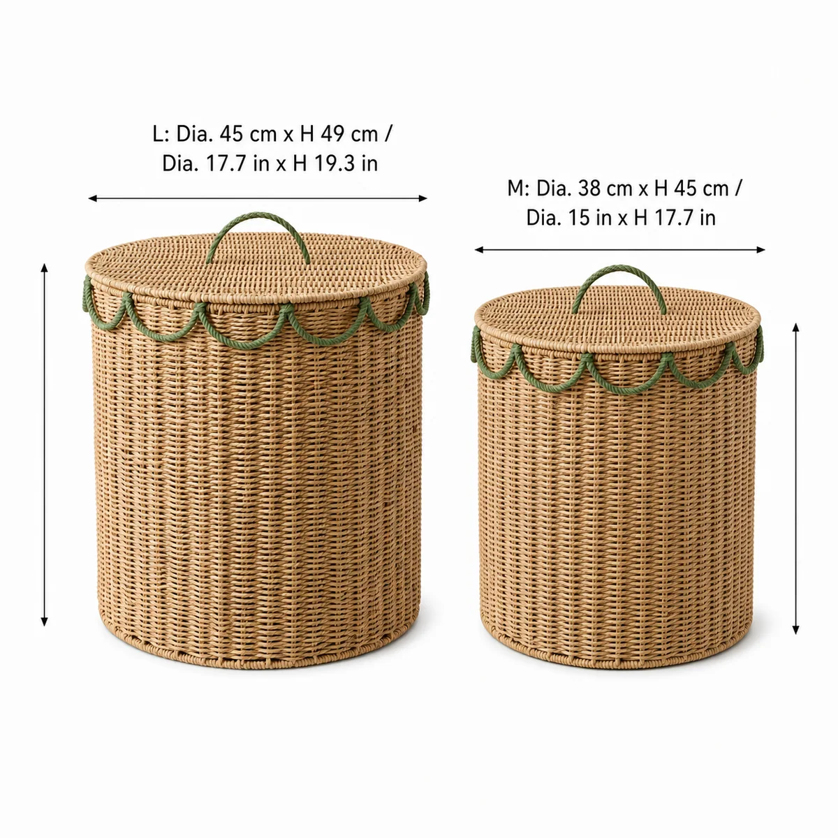 Natural Tan and Sage Green Paper Rope Round 2-Piece Lidded Laundry Hamper Set
