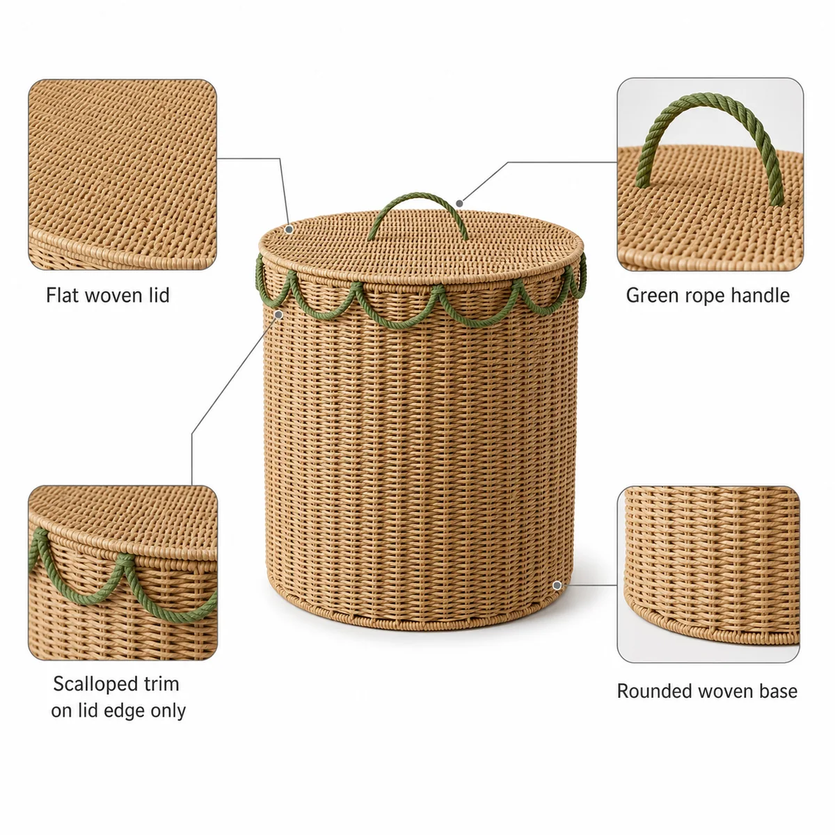 Natural Tan and Sage Green Paper Rope Round 2-Piece Lidded Laundry Hamper Set