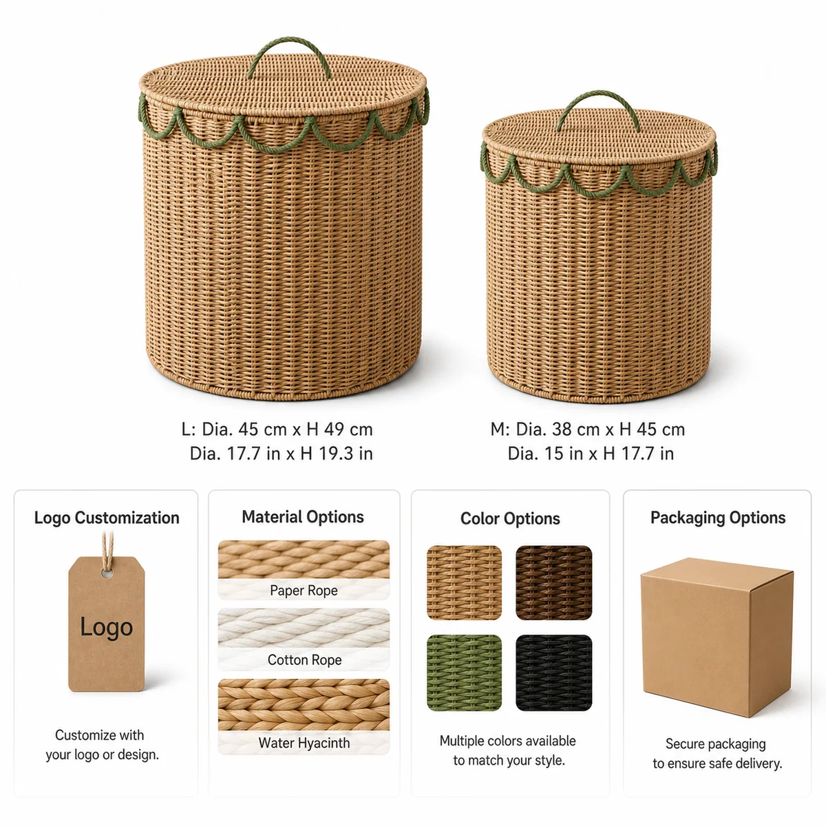 Natural Tan and Sage Green Paper Rope Round 2-Piece Lidded Laundry Hamper Set