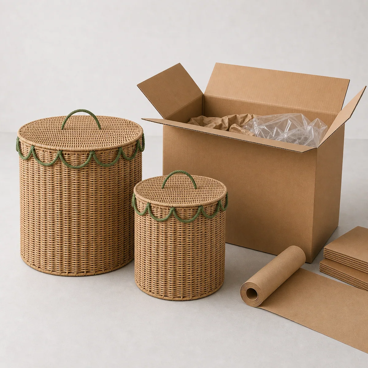 Natural Tan and Sage Green Paper Rope Round 2-Piece Lidded Laundry Hamper Set