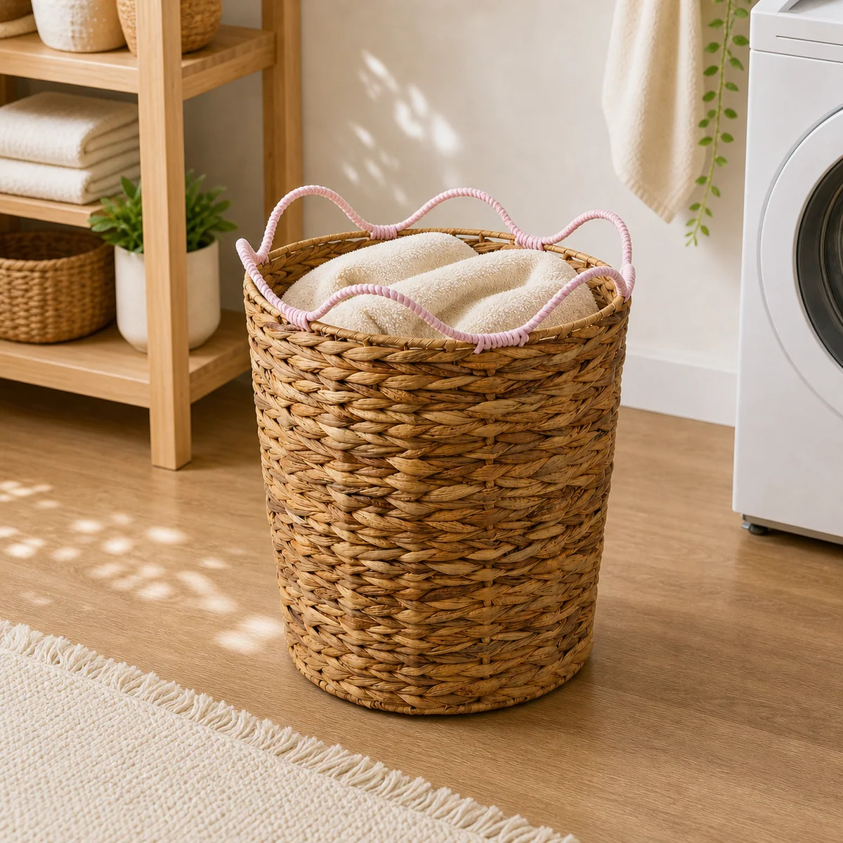 Natural Water Hyacinth Round Laundry Hamper with Pale Pink Wavy Rim Handles