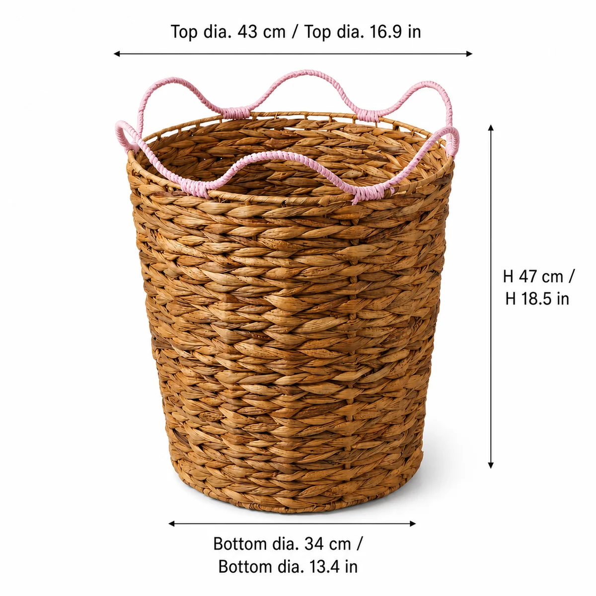 Natural Water Hyacinth Round Laundry Hamper with Pale Pink Wavy Rim Handles